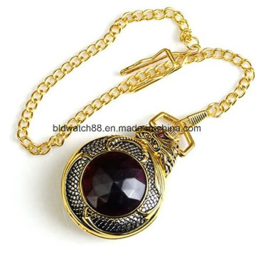 Gold Pocket Watch with Red Gemstone for Ladies